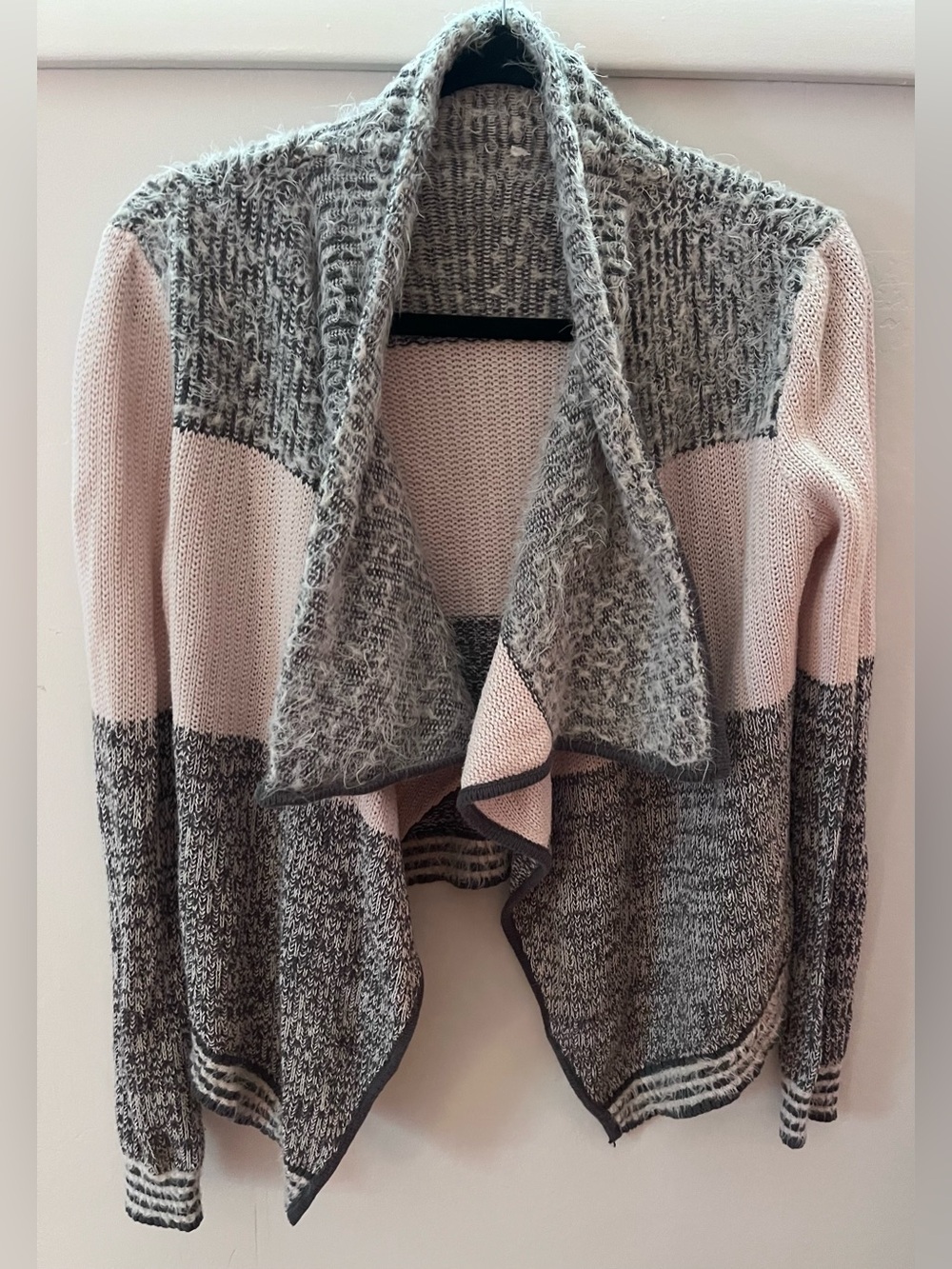 Candie’s Fuzzy Cotton Blend Pink & Grey Long Sleeve Cardigan Sweater Striped